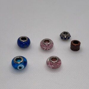 Lot of 6 Glass & Metal European Beads Charm Blue, Pink, Silver 925, Bronze